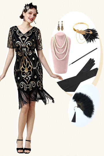 Vintage Fringed Glitter Flapper Kjole med 1920-tallet Tilbehør Set